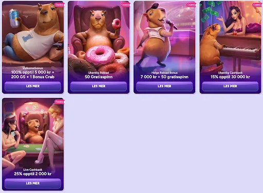 Casino bonuser i Norge – opptil 30 000 kr, gratisspinn og cashback med kapybara-tema Bonuserbjudanden i casino: velkomstbonus, gratisspinn, cashback och reloadkampanjer med kapybara-maskot