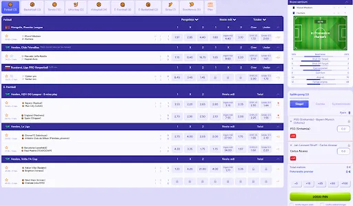 Spill live på fotball og e-sport hos SpinBara – se odds, statistikk og score-senter Live sportsbetting-panel hos SpinBara med odds på fotball, e-sport og pågående kamper