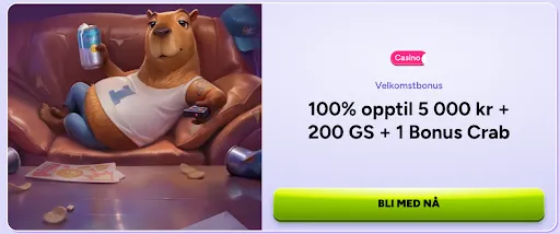 Få 100 % velkomstbonus opptil 5 000 kr + 200 gratisspinn og 1 Bonus Crab i casinoet Velkomstbonus i casino – 100 % opptil 5 000 kr, 200 gratisspinn og 1 Bonus Crab