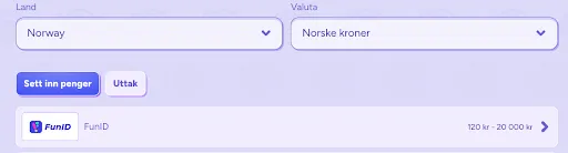 Velg FunID for innskudd fra 120 kr til 20 000 kr – rask og enkel betaling i NOK. Innskuddsmetode FunID valgt for Norge med valuta i norske kroner.