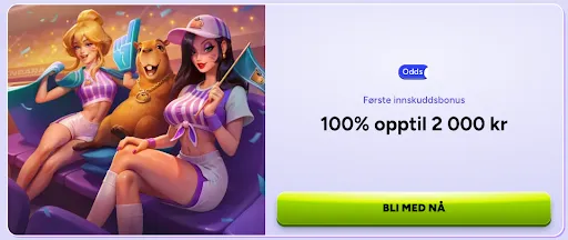 Velkomstbonus for odds – 100 % opptil 2 000 kr Illustrasjon av to kvinnelige supportere og en kamel i stadionmiljø – kampanjebilde for oddsbonus