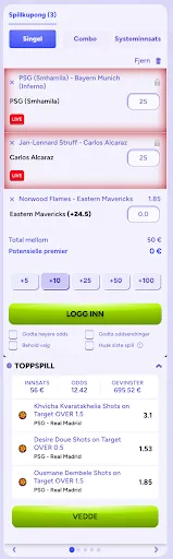 Spillkupong med 3 enkeltspill – Live-odds og vinnerpotensial Spillkupong med enkeltspill: PSG vs Bayern, Carlos Alcaraz, Eastern Mavericks +24.5 – innsats og potensielle gevinster