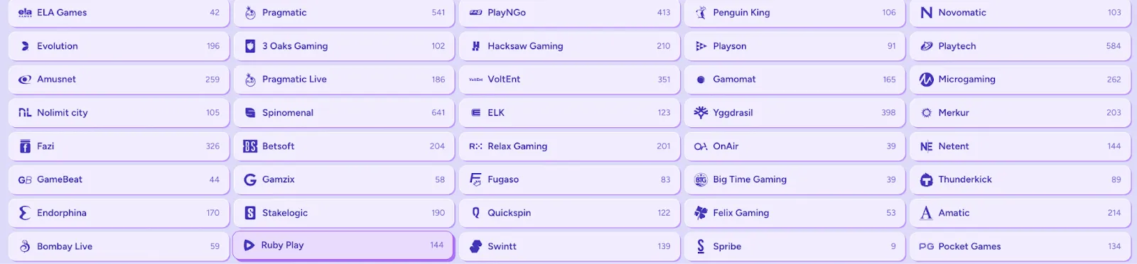 Spillleverandører tilgjengelig hos SpinBara – velg blant over 40 utviklere som Playtech, ELK, NetEnt og Relax Gaming. Liste over spillutviklere inkludert Pragmatic, Evolution, Play'n GO, Microgaming, og mer.